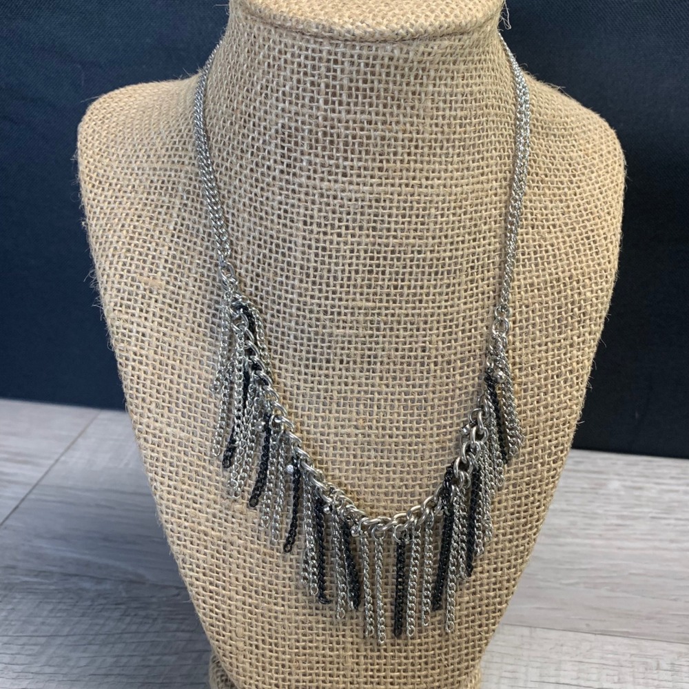 Silver Black Multi Strand Chain Fringe Statement Necklace Draped Tiered 16in